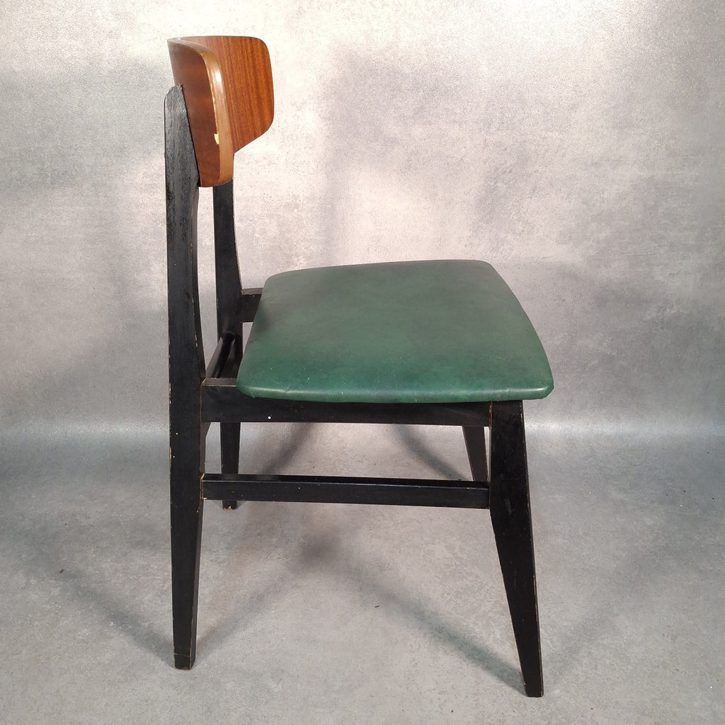 Vintage 1960s Mid-Century Dining Chair | Green Vinyl Seat | Bent Ply Backrest | Black Frame | Used