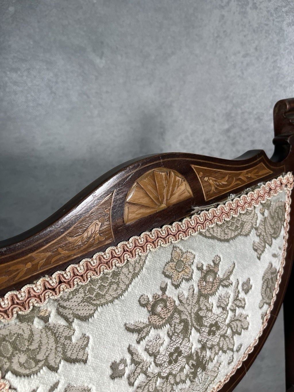 Edwardian Inlaid Mahogany Chair | Satinwood Fan Motif | Floral Upholstery | c.1900 | Antique | Used