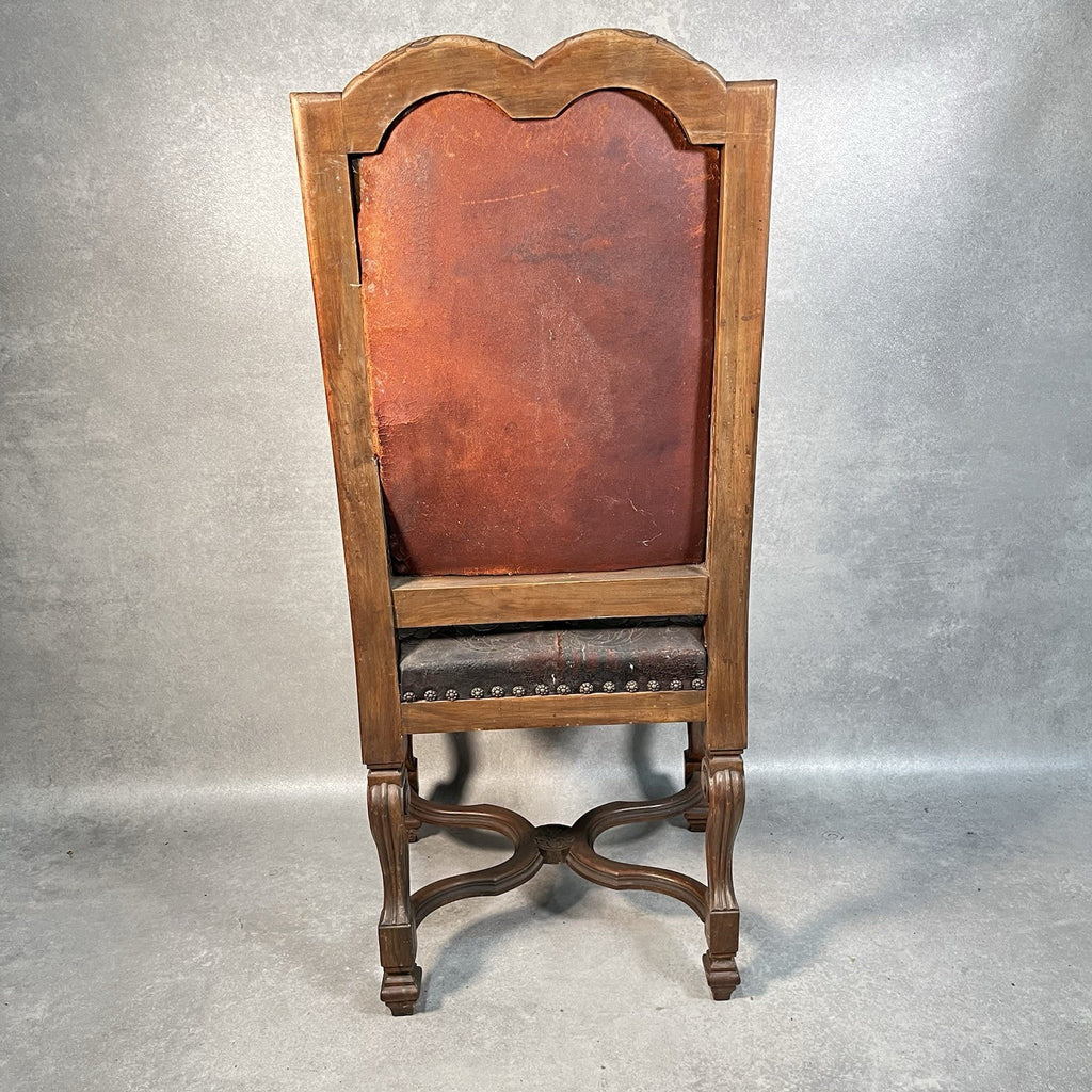 Antique Victorian Renaissance Revival Oak Hall Chair c.1880s Tooled Leather Seat