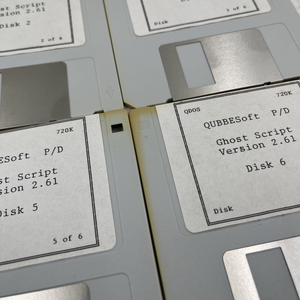 QUBBESoft Sinclair QL Floppy Disk Set - Ghost Script v2.61 (6 Disks) + PSION Xchange + PD Catalogue - QDOS 720K - Used