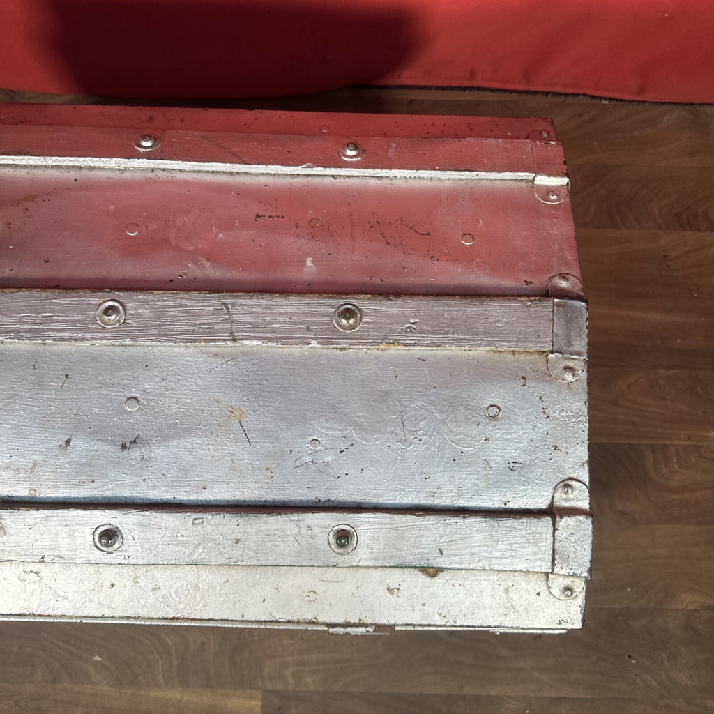 Large Vintage Metal Dome-Top Steamer Trunk - Storage Chest, Stage Prop, One Latch Missing, Used