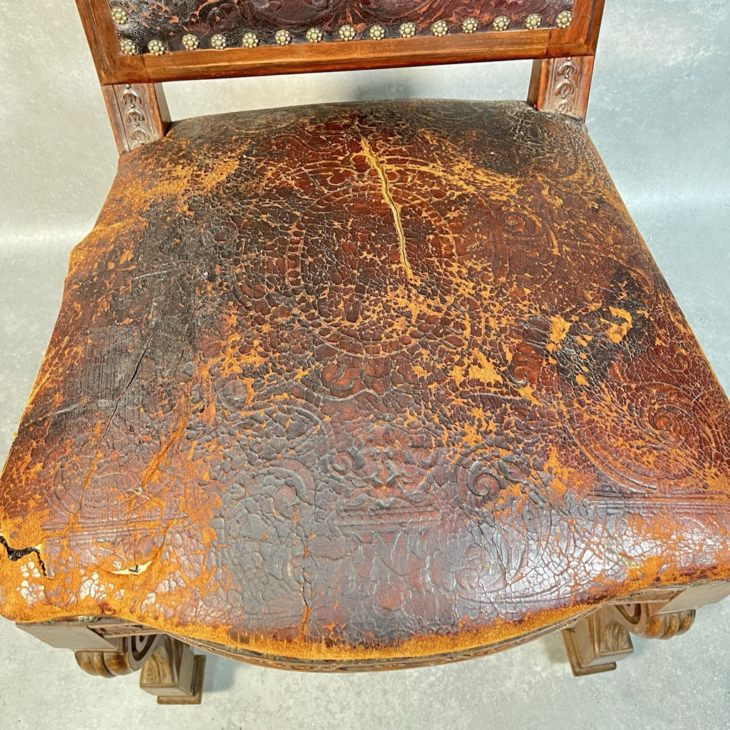 Antique Victorian Renaissance Revival Oak Hall Chair c.1880s Tooled Leather Seat