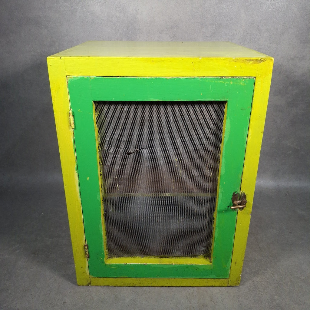 Vintage English Meat Safe Cabinet | Painted Green | Wire Mesh | Farmhouse Kitchen Decor