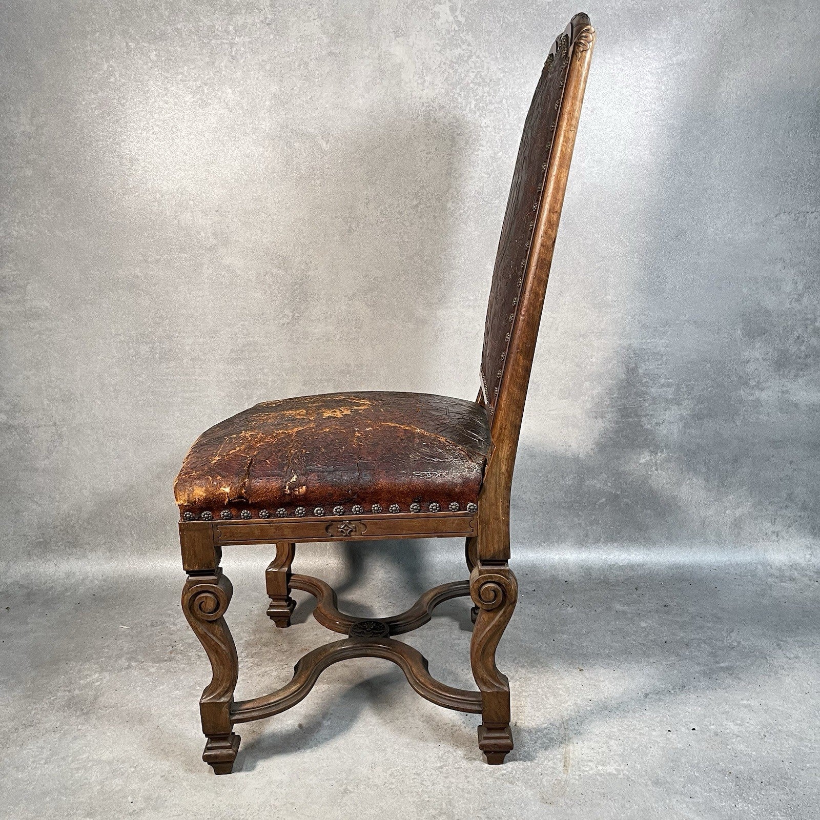 Antique Victorian Renaissance Revival Oak Hall Chair | Tooled Leather Seat & Back | c.1880s | Used