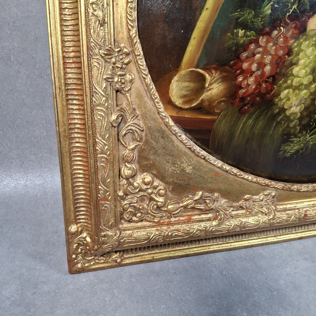 Vintage Continental Still Life Oil Painting | Grapes & Plums | Oval Convex Gilt Frame | Mid-20thC
