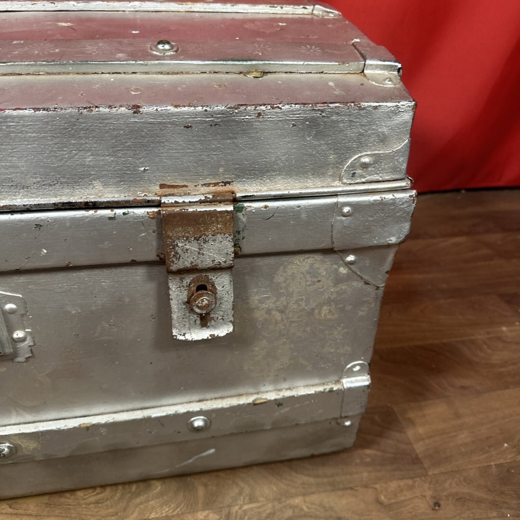 Large Vintage Metal Dome-Top Steamer Trunk - Storage Chest, Stage Prop, One Latch Missing, Used
