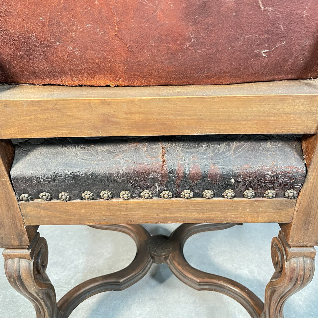 Antique Victorian Renaissance Revival Oak Hall Chair c.1880s Tooled Leather Seat
