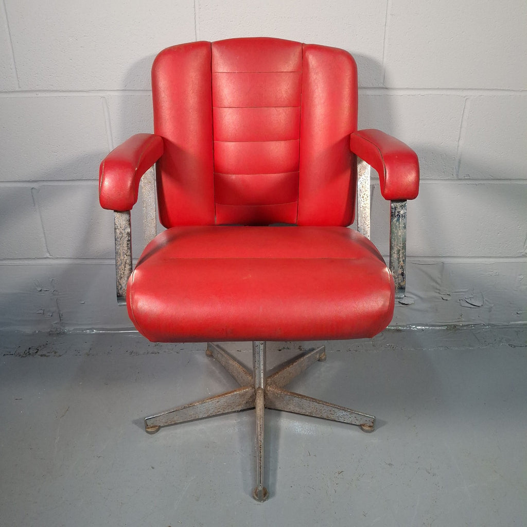 Vintage Red Vinyl Swivel Armchair | Barber Salon Style | Used | Restoration Project