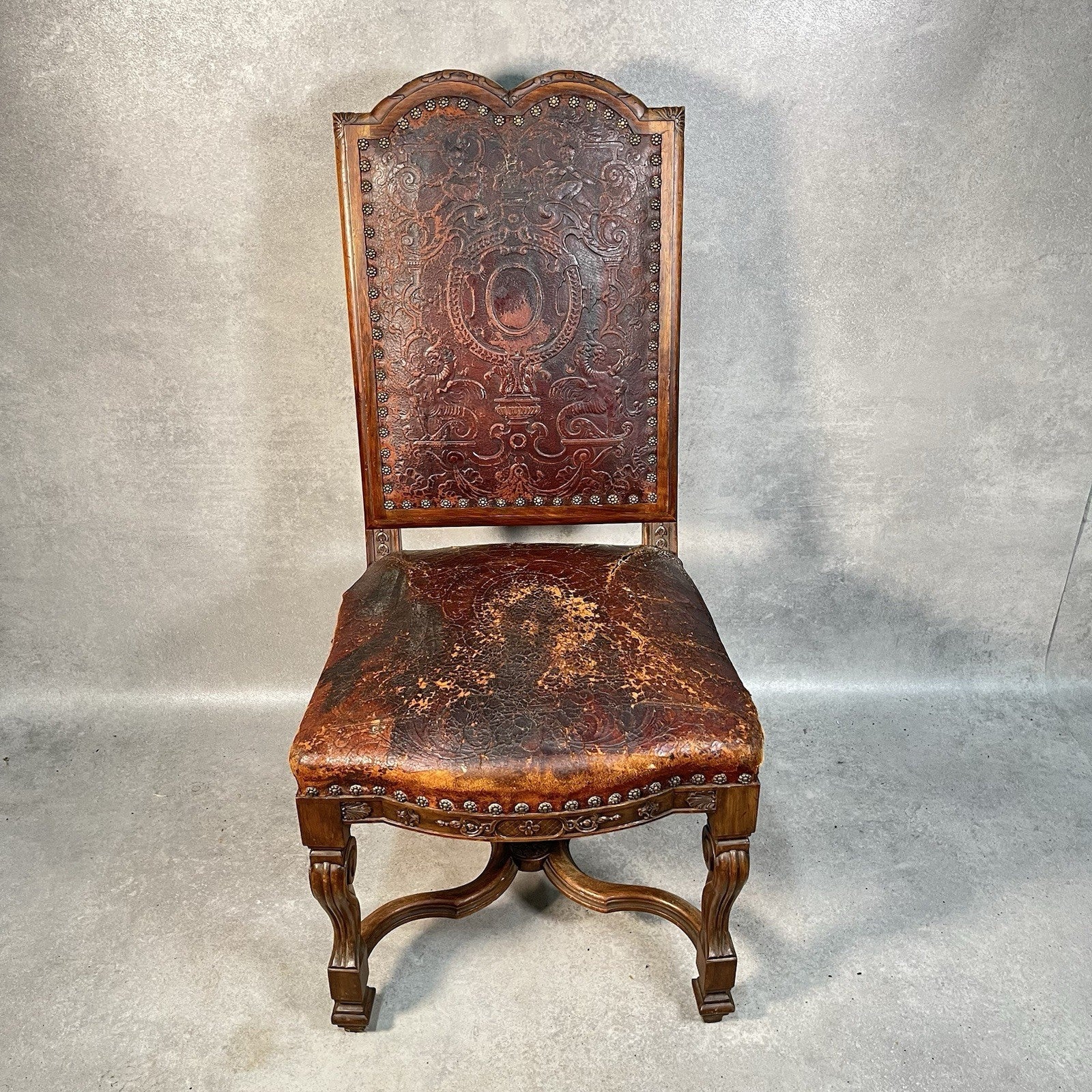 Antique Victorian Renaissance Revival Oak Hall Chair | Tooled Leather Seat & Back | c.1880s | Used