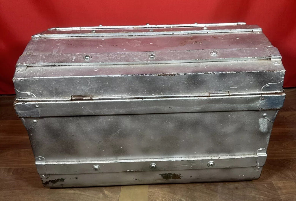 Large Vintage Metal Dome-Top Steamer Trunk - Storage Chest, Stage Prop, One Latch Missing, Used