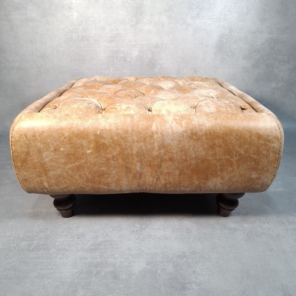 Large Square Tan Leather Chesterfield-Style Footstool | Button Top | Rustic | Used | 72cm