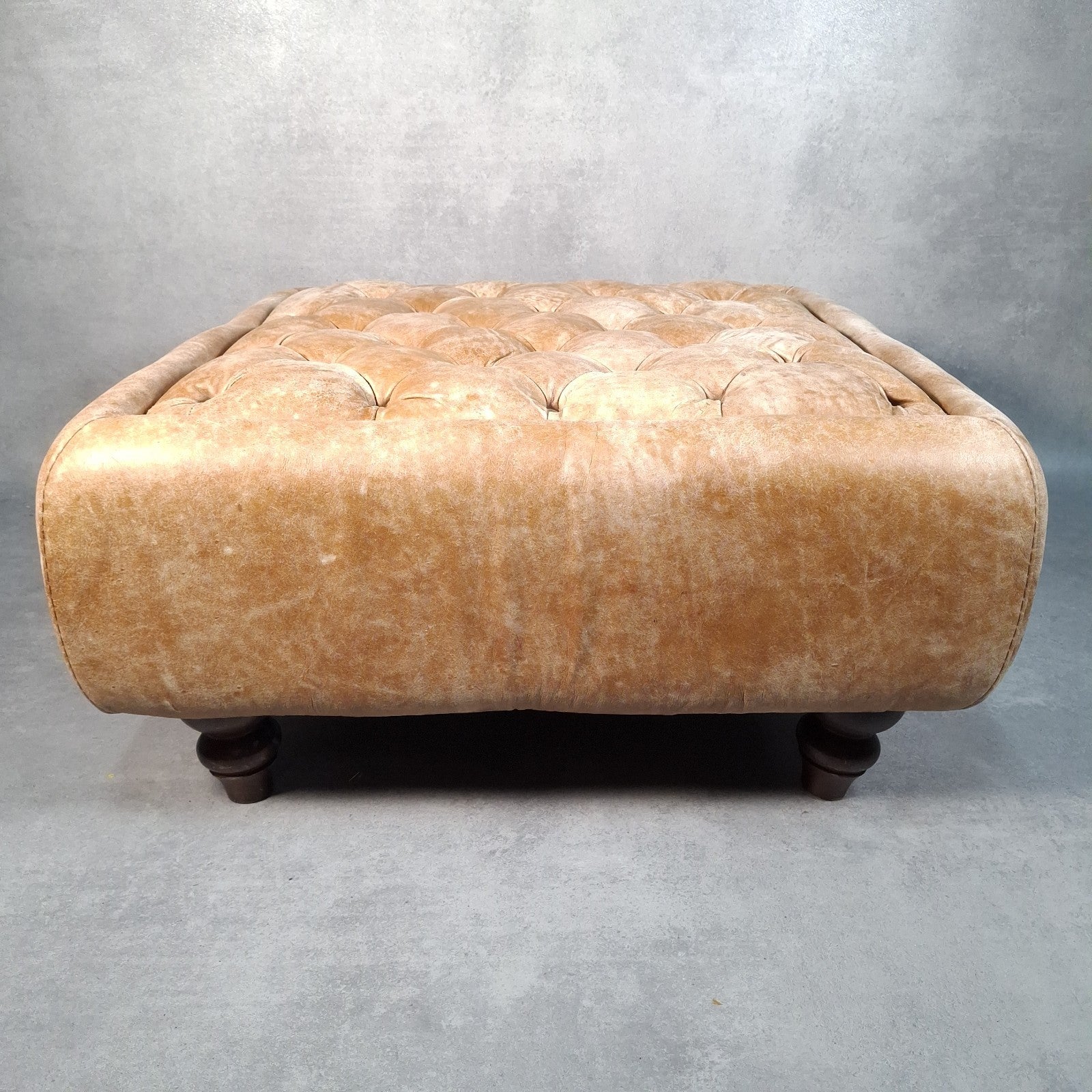 Large Square Tan Leather Chesterfield-Style Footstool | Button Top | Rustic | Used | 72cm