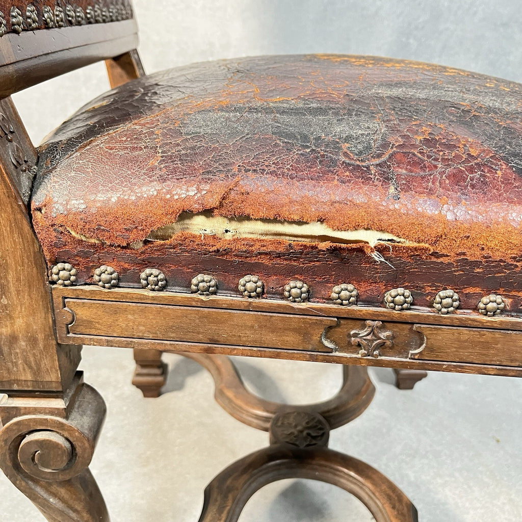 Antique Victorian Renaissance Revival Oak Hall Chair | Tooled Leather Seat & Back | c.1880s | Used