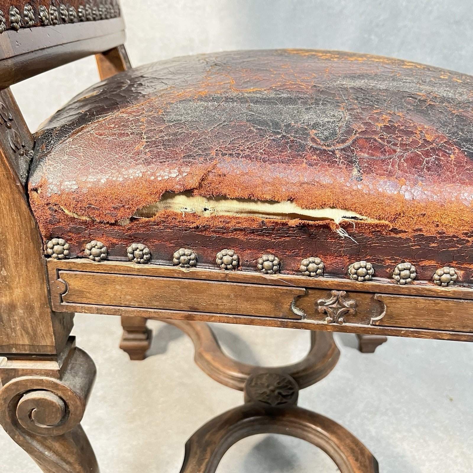 Antique Victorian Renaissance Revival Oak Hall Chair | Tooled Leather Seat & Back | c.1880s | Used