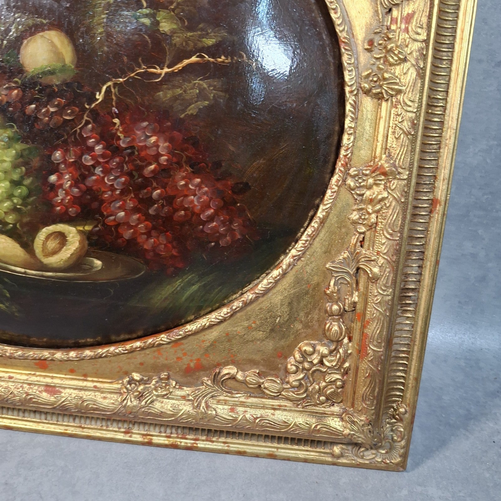Vintage Continental Still Life Oil Painting | Grapes & Plums | Oval Convex Gilt Frame | Mid-20thC