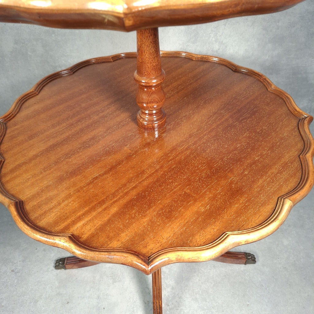 Vintage Reproduction Dumb Waiter Tiered Occasional Table | Solid Wood | Brass Lion Paw Feet | Used