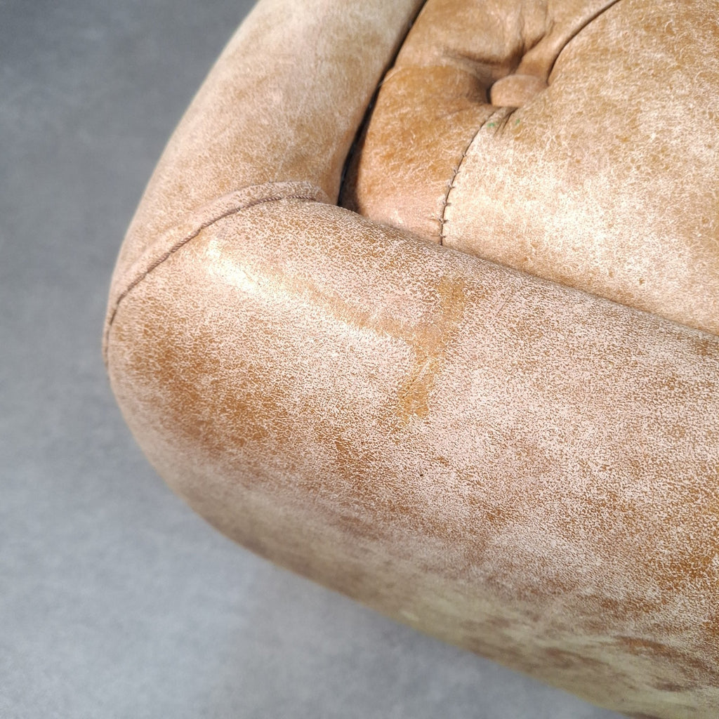 Large Square Tan Leather Chesterfield-Style Footstool | Button Top | Rustic | Used | 72cm