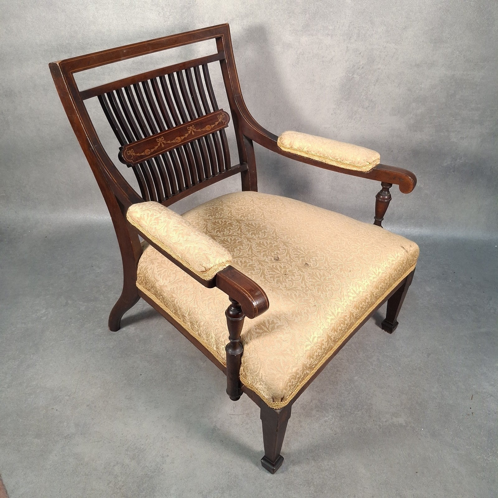 Edwardian Mahogany Elbow Armchair | Inlaid Back | Cut-Down Legs | Restoration Project | Used