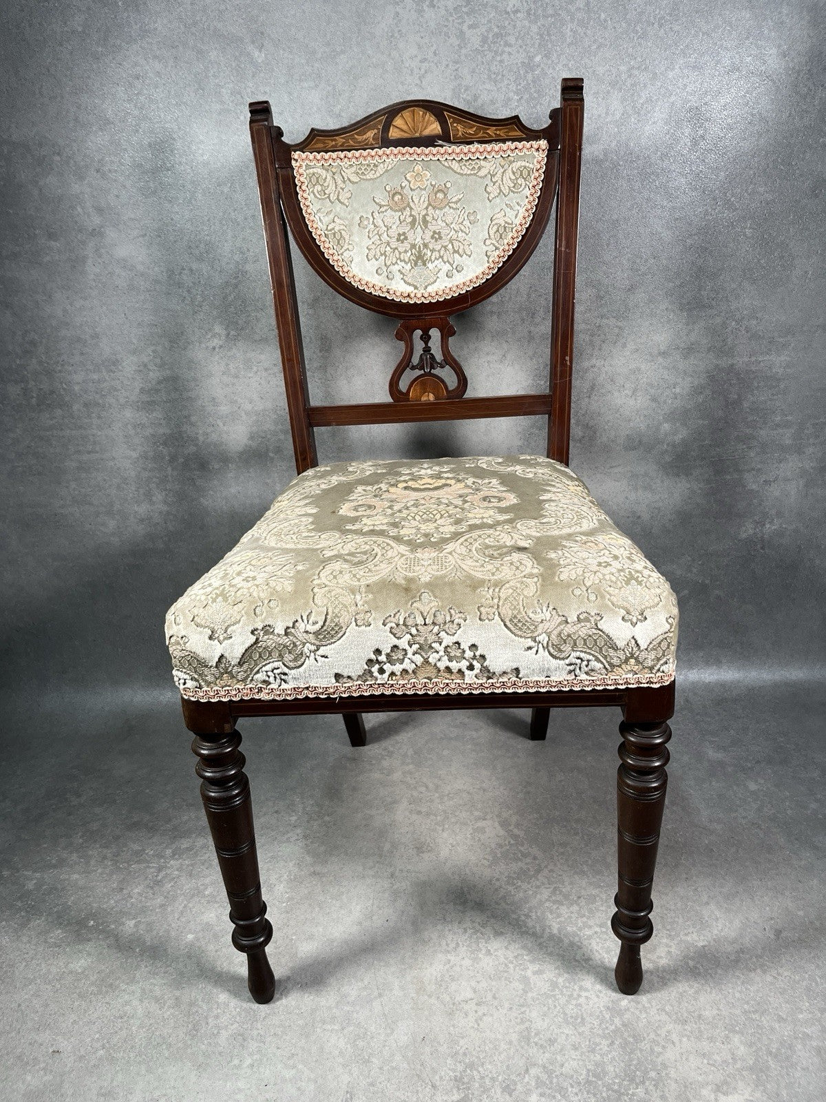 Edwardian Inlaid Mahogany Chair | Satinwood Fan Motif | Floral Upholstery | c.1900 | Antique | Used