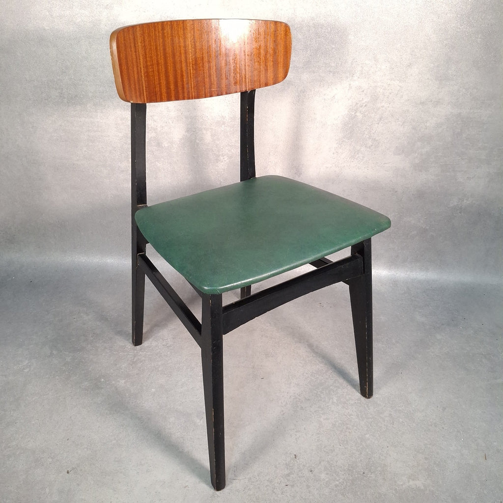 Vintage 1960s Mid-Century Dining Chair | Green Vinyl Seat | Bent Ply Backrest | Black Frame | Used