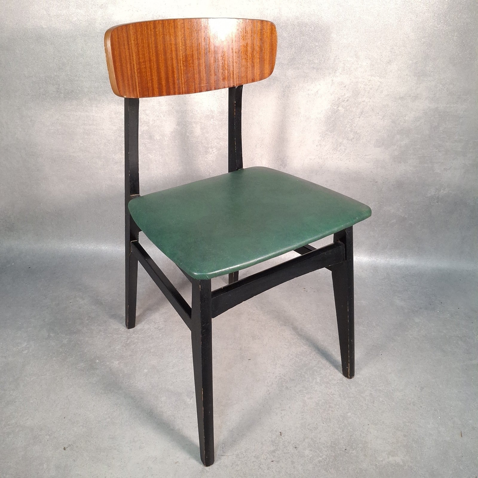 Vintage 1960s Mid-Century Dining Chair | Green Vinyl Seat | Bent Ply Backrest | Black Frame | Used