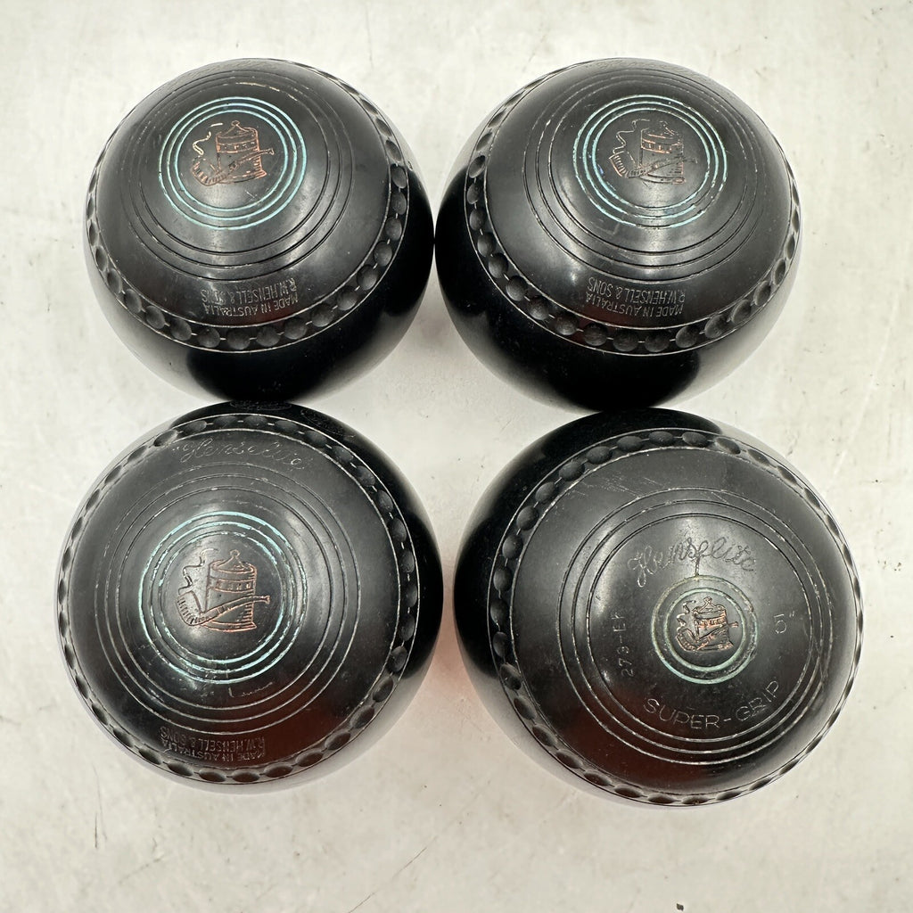 Henselite Super-Grip Lawn Bowls - Size 5 - Bias 273-EF - Set of 4 - BIBC Approved - Vintage - Used