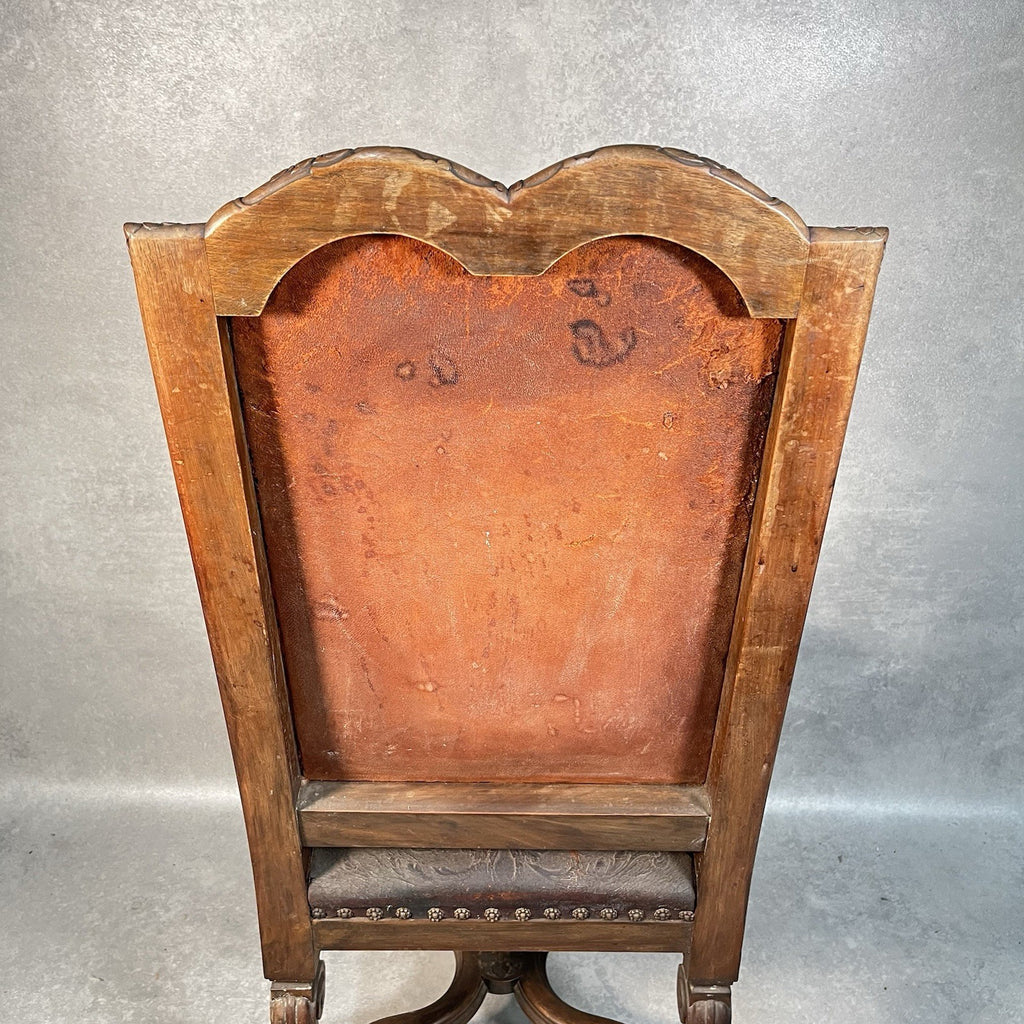 Antique Victorian Renaissance Revival Oak Hall Chair c.1880s Tooled Leather Seat