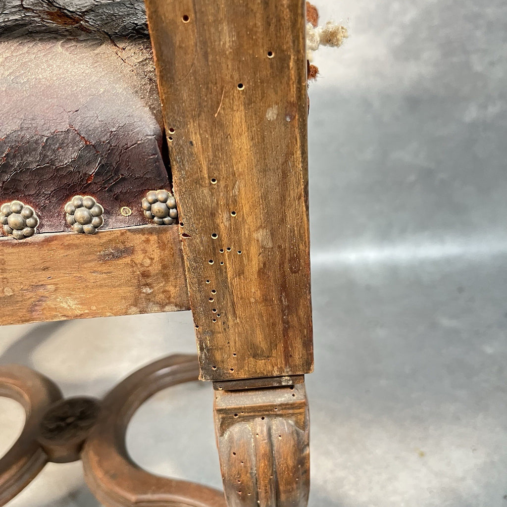 Antique Victorian Renaissance Revival Oak Hall Chair c.1880s Tooled Leather Seat