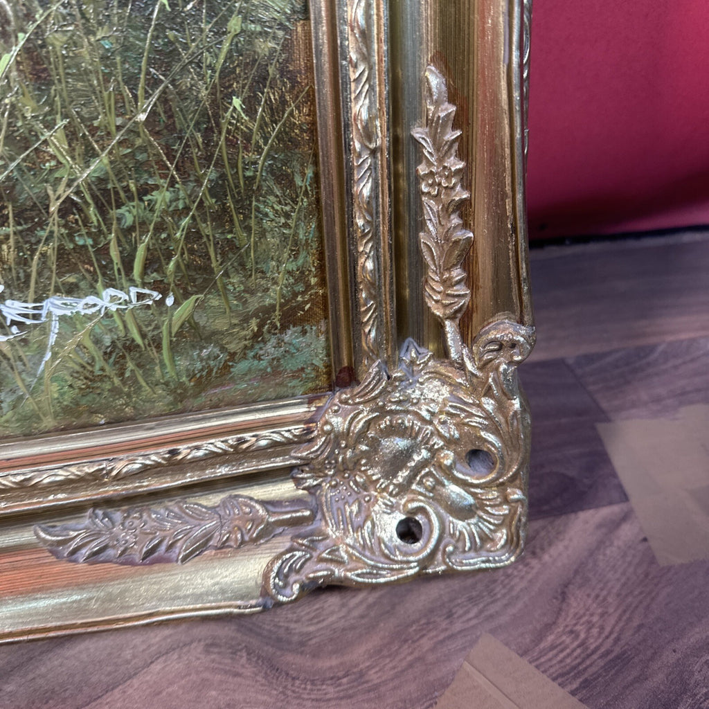Large Signed Oil on Canvas Hunting Scene | Dog & Pheasants by L. Eiford | Framed | Vintage Art