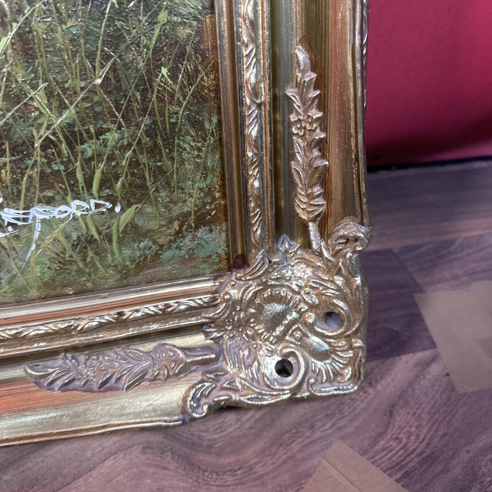 Large Signed Oil on Canvas Hunting Scene | Dog & Pheasants by L. Eiford | Framed | Vintage Art