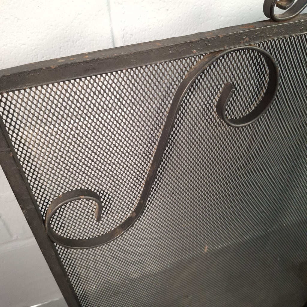 Vintage Wrought Iron Fire Spark Guard Screen with Scroll Decoration – Dark Bronze, 63cm x 58cm | Used