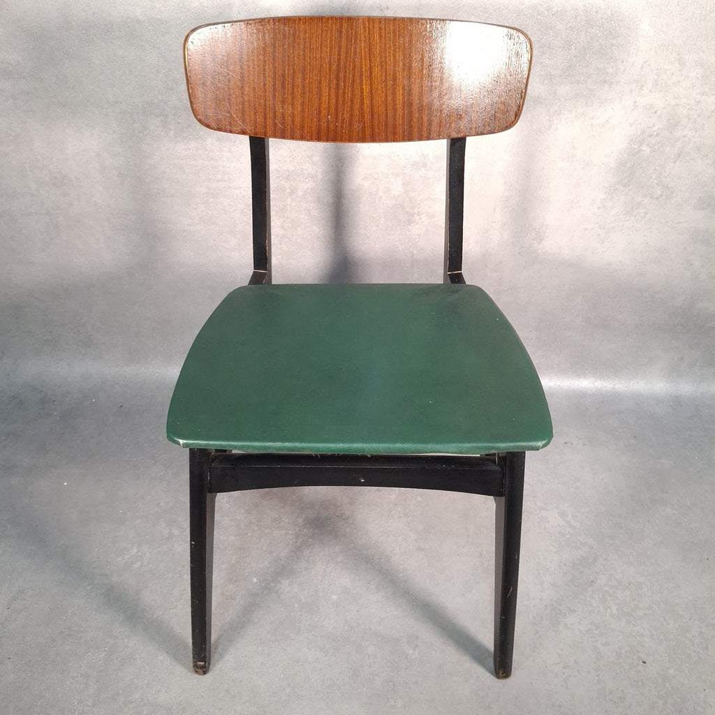 Vintage 1960s Mid-Century School Chair | Green Vinyl Seat & Bent Ply Backrest | Black Frame | Used