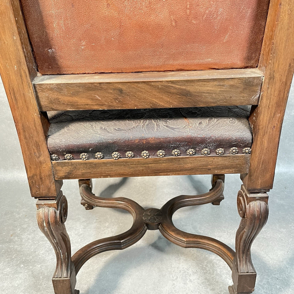 Antique Victorian Renaissance Revival Oak Hall Chair c.1880s Tooled Leather Seat