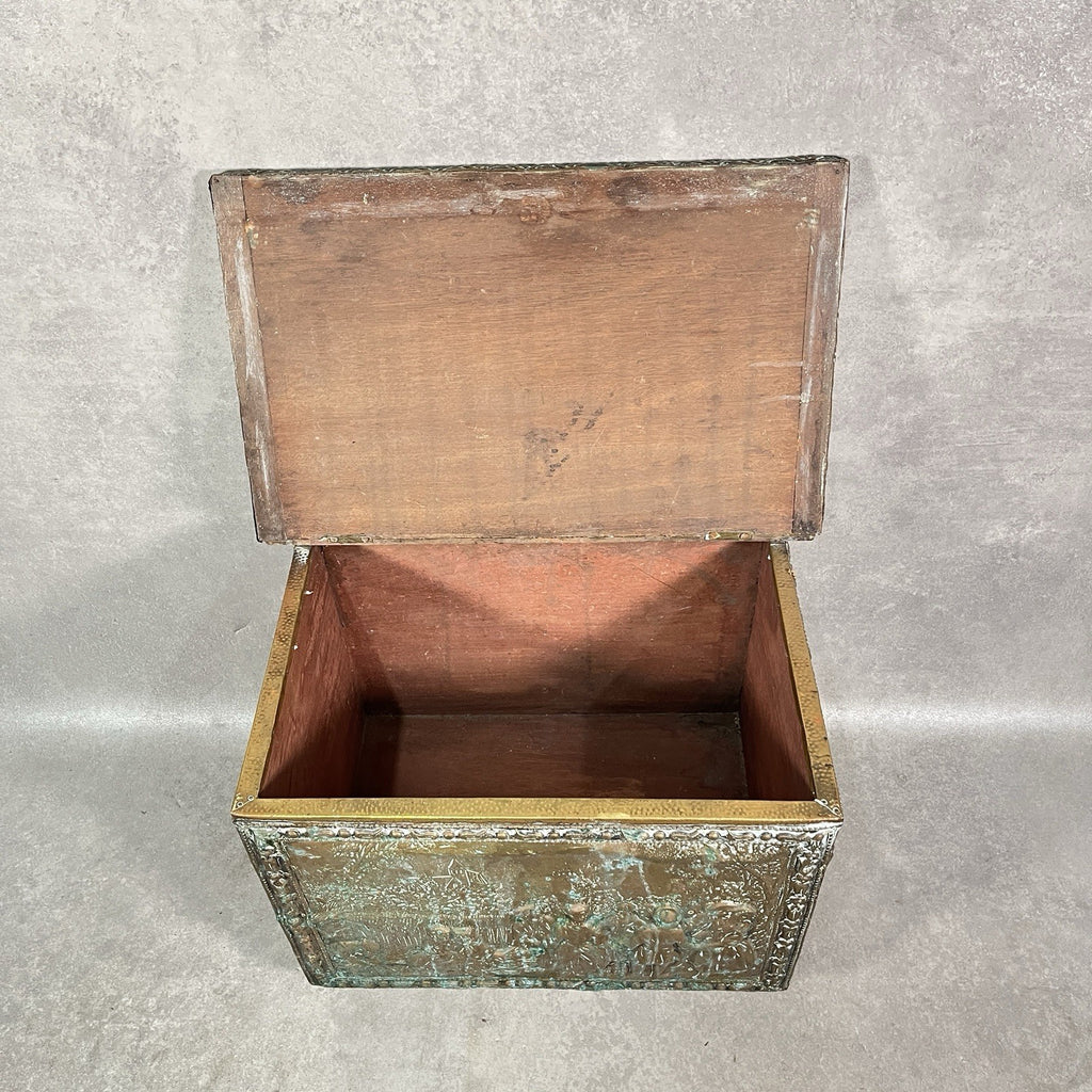 Vintage Embossed Brass Coal Box / Log Box - Tavern & Hunting Scenes - Victorian/Edwardian Style - Used