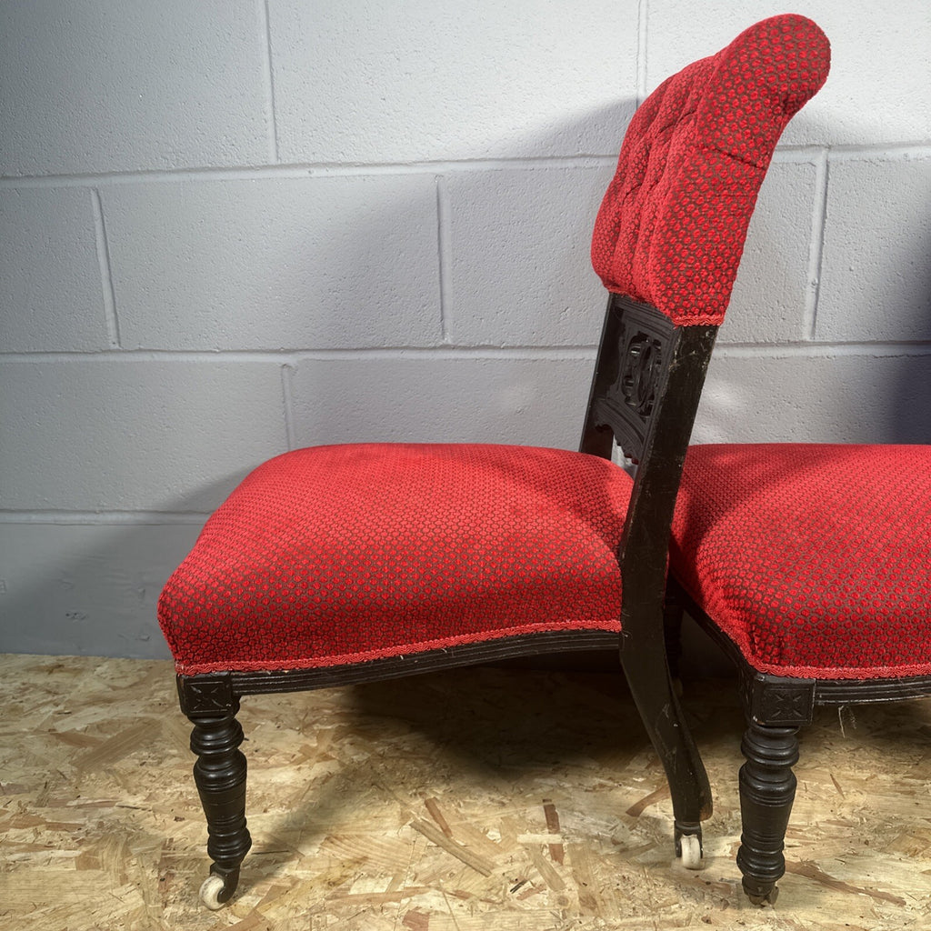 Pair of Antique Carved Nursing Chairs | Black Painted | Red Upholstery | Castors